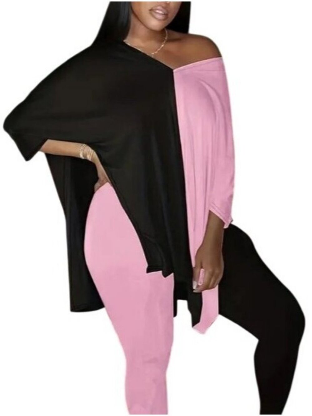 Pink & Black Color Block Plus Size Long Sleeve Tunic & High Waisted Tummy Contro